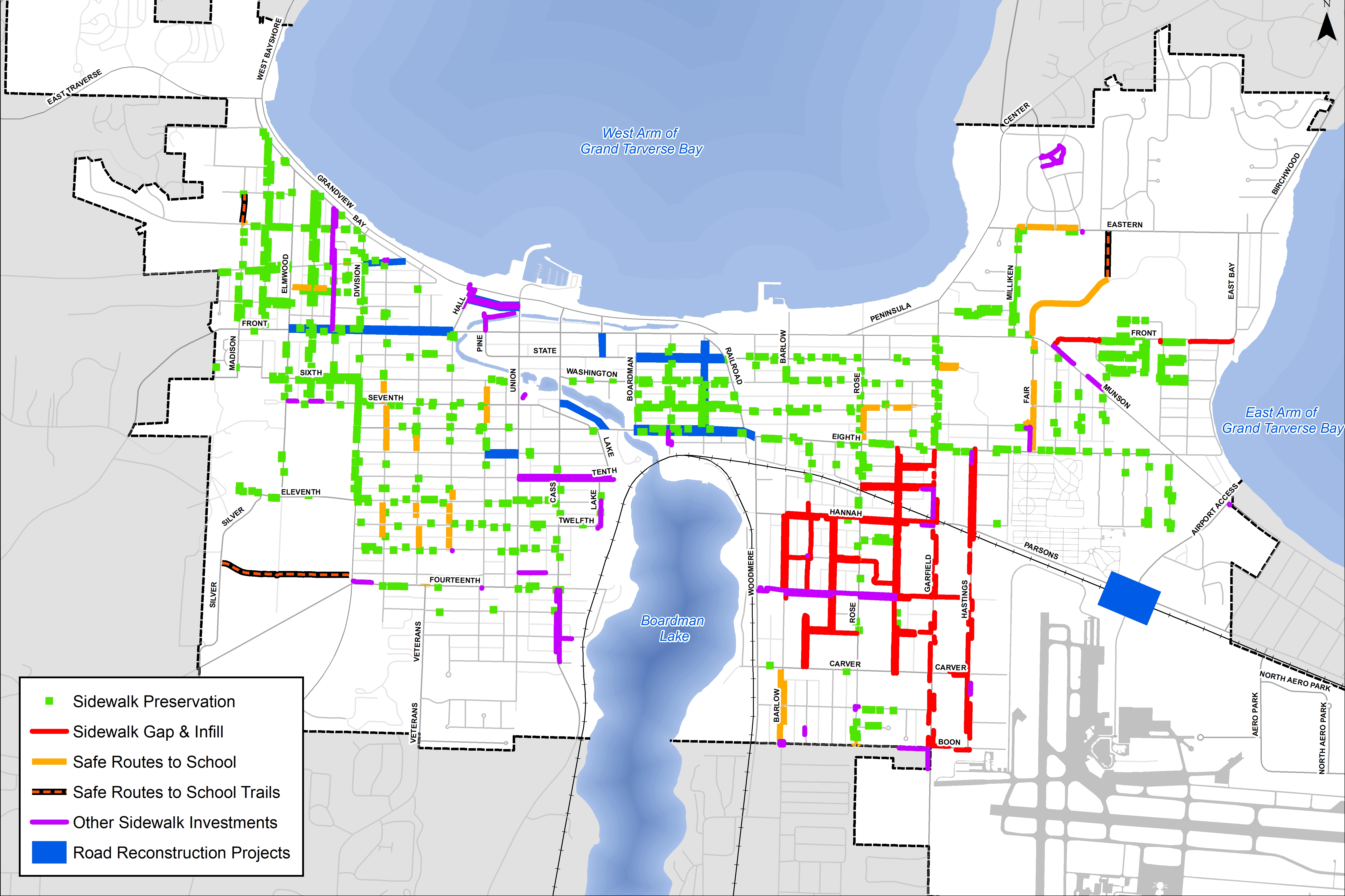 Map of sidewalk improvements from 2016 to 2022